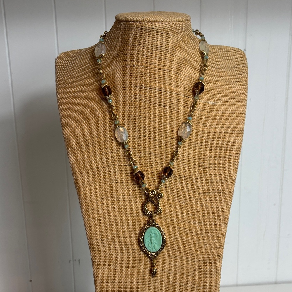 Robin Steele Aqua Cameo Pendant Necklace